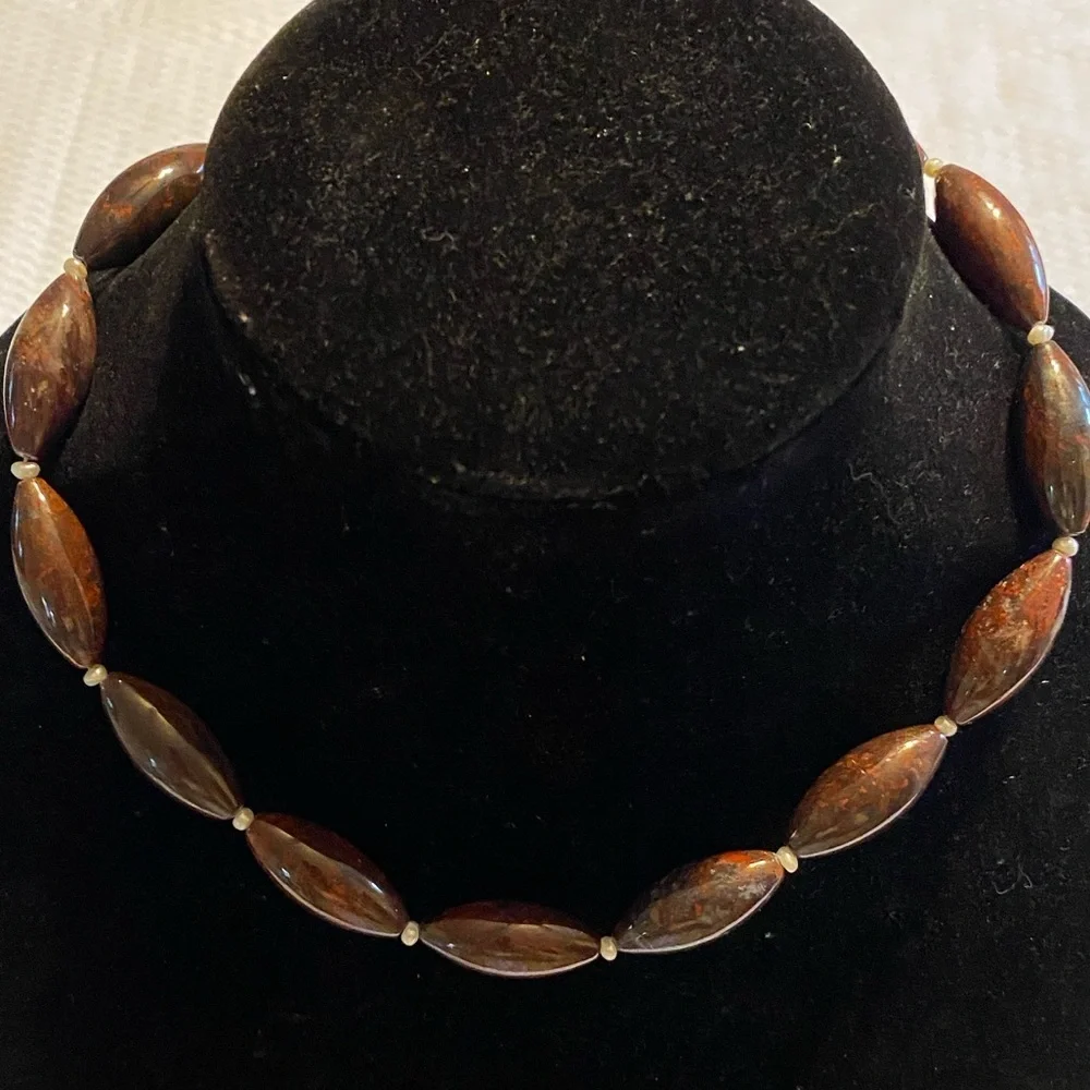 Red Brown Stone Oval Bead with small Pearl Spacers Necklace 925 Sterling